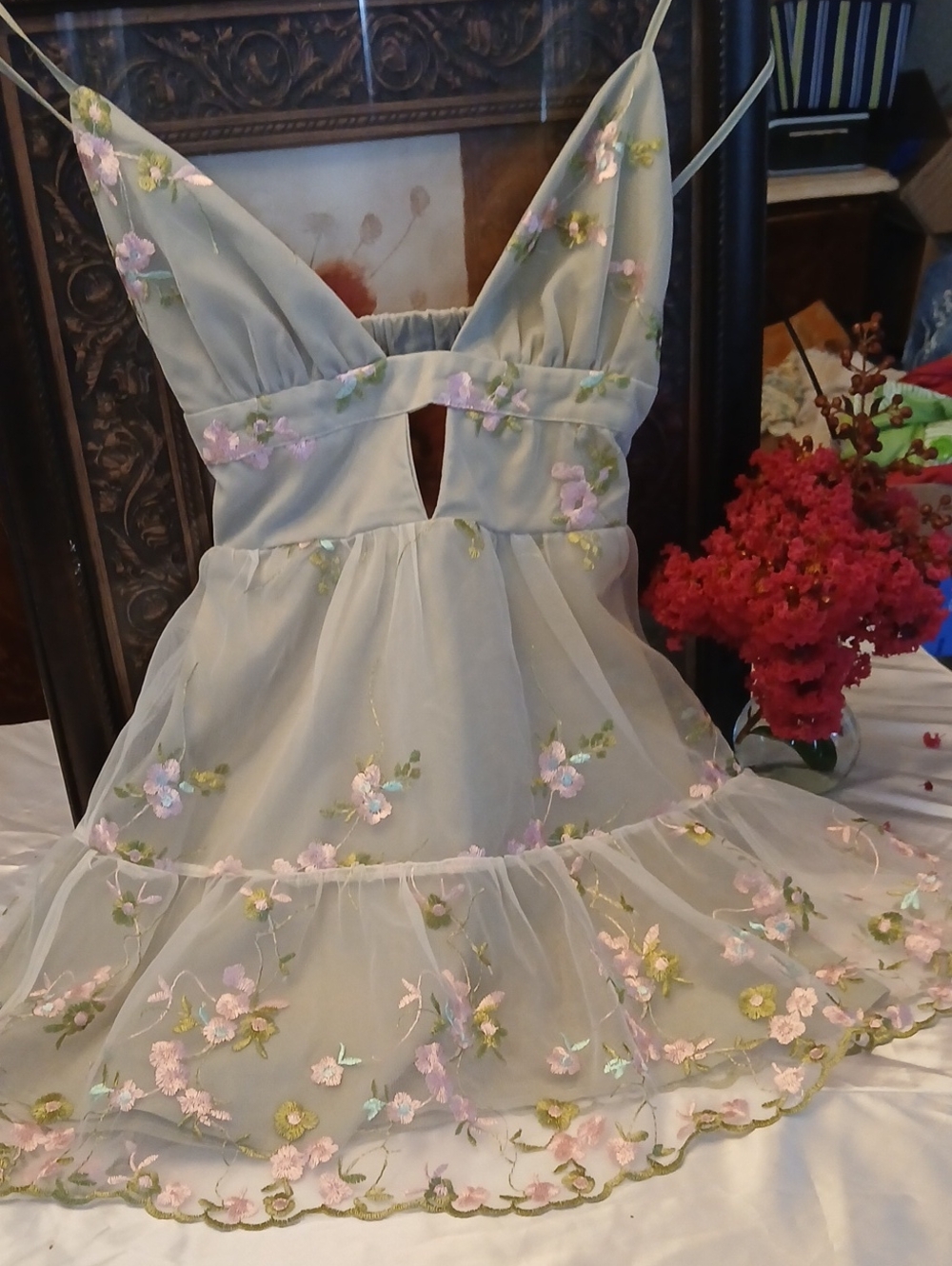 Sage Mini Dress with Pink Floral Embroidery